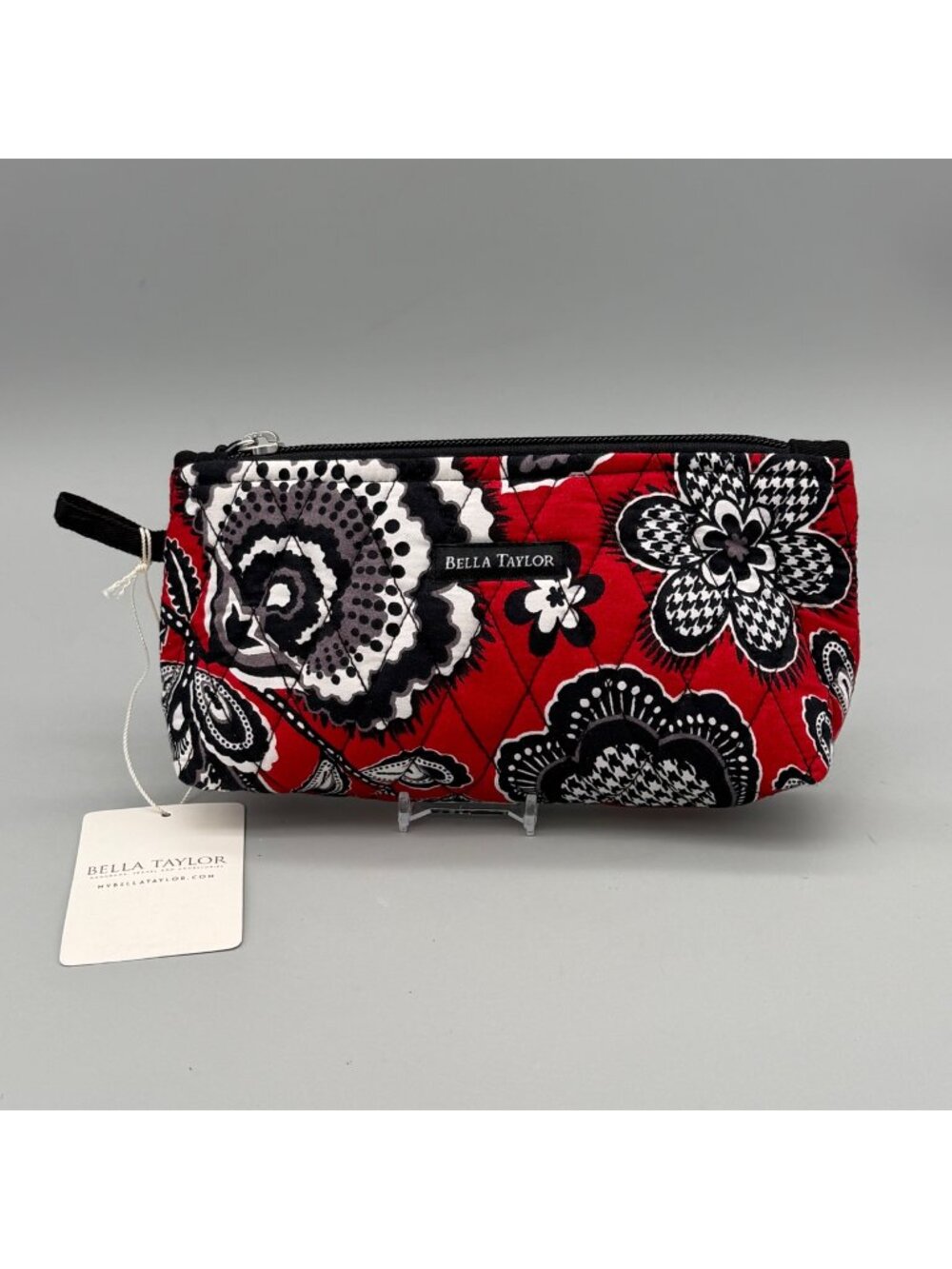 Bella Taylor Quilted Personal Pouch Carmine Red Black Floral 8"x1.75"x4"